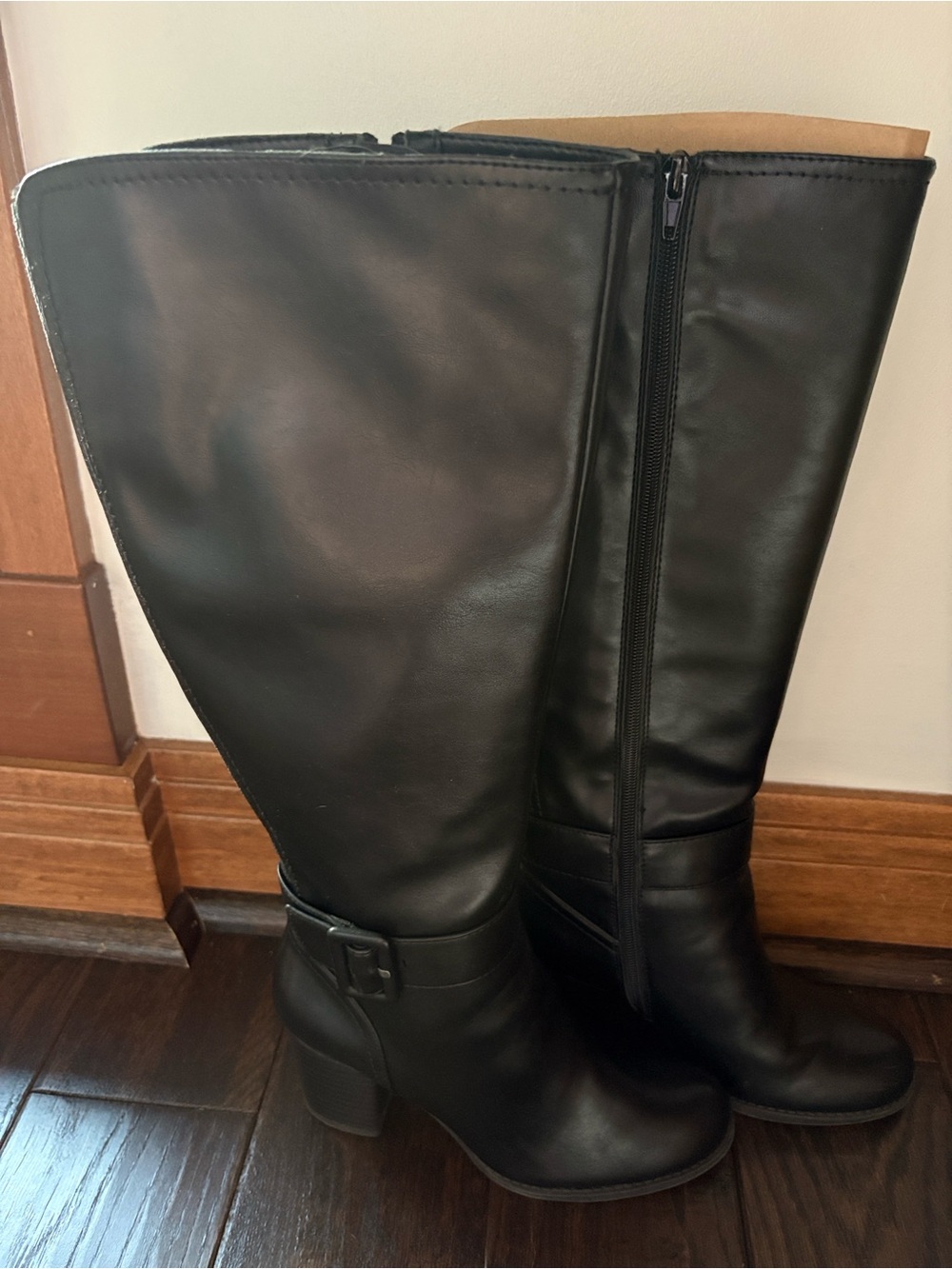 Naturalizer Black Knee-High Block Heel Zip Boots with Ankle Buckle Detail